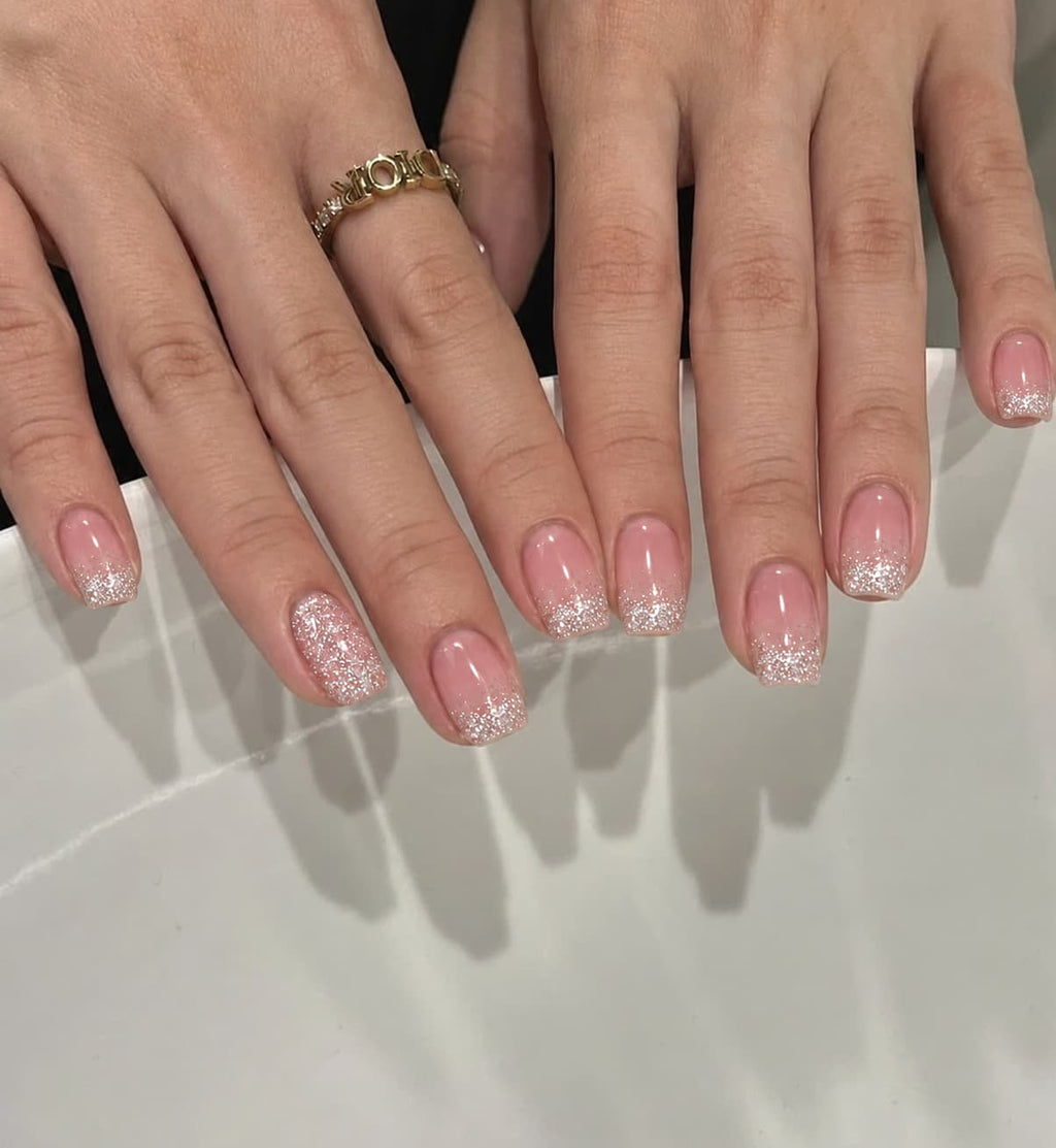 Silver Sparkle Pink Squoval Press-on Nails