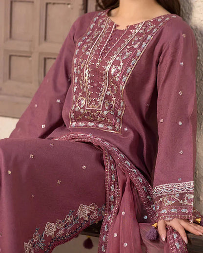 Dhanak-3PC Embroidered Shirt with Chiffon Embroidered Dupatta V1321 W - Unstitched