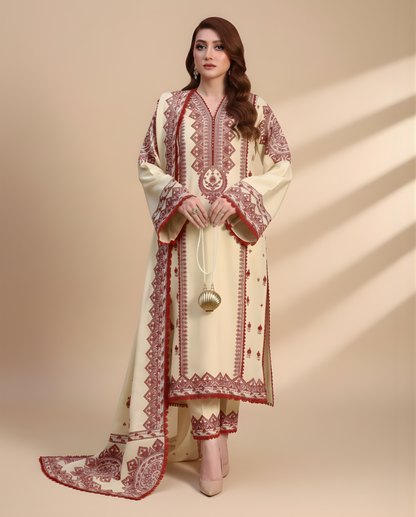 ANEELAS-3PC DHANAK EMBROIDERED SHIRT WITH DHANAK EMBROIDERED SHAWL & TROUSER V672 - Unstitched