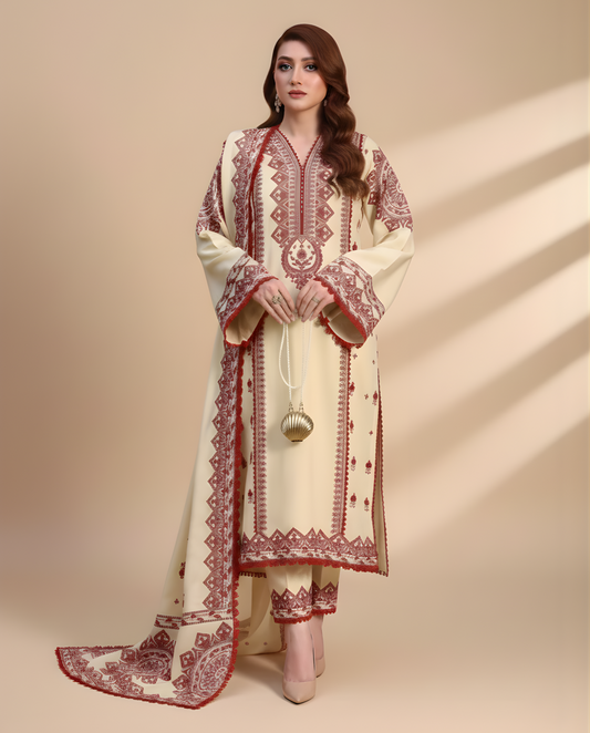 ANEELAS-3PC DHANAK EMBROIDERED SHIRT WITH DHANAK EMBROIDERED SHAWL & TROUSER V672 - Unstitched
