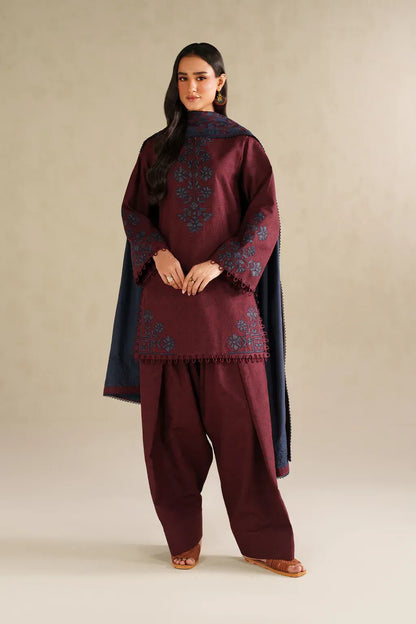 Iznik Dusty Maroon Embroidered 3PC - Unstitched
