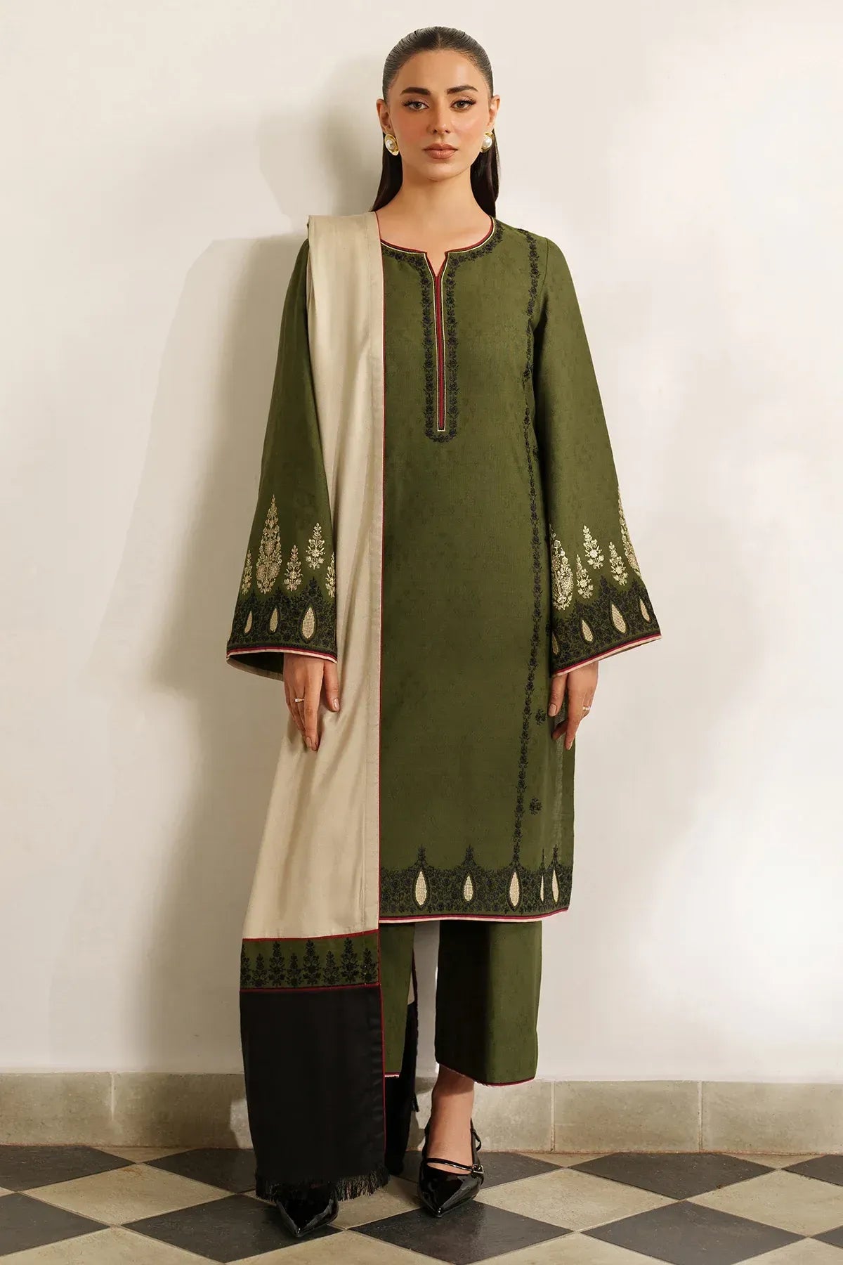 Jazmin Jacquard Embroidered 3PC with Wool Shawl - Unstitched