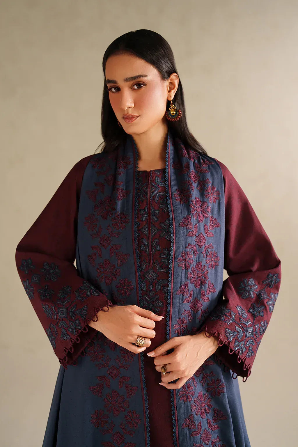 Iznik Dusty Maroon Embroidered 3PC - Unstitched