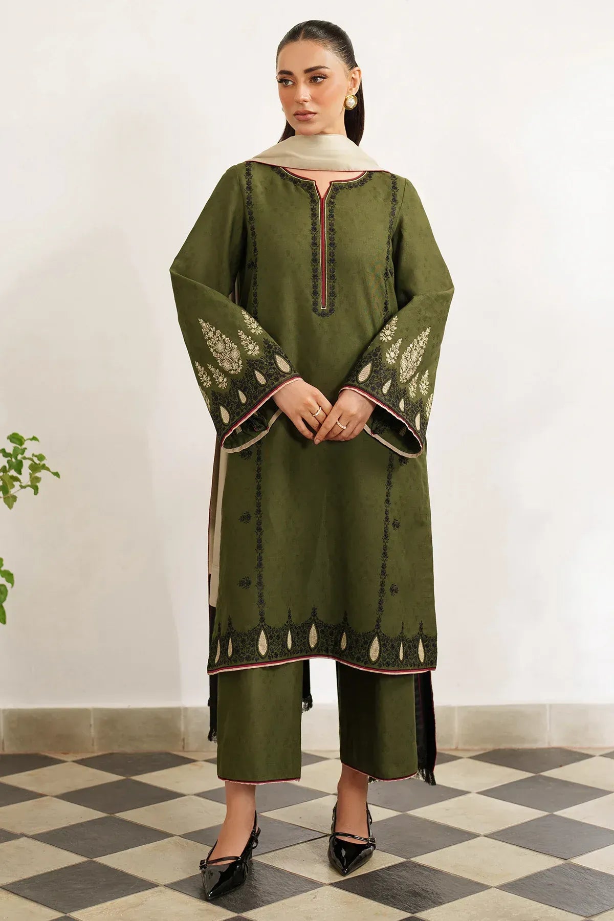 Jazmin Jacquard Embroidered 3PC with Wool Shawl - Unstitched