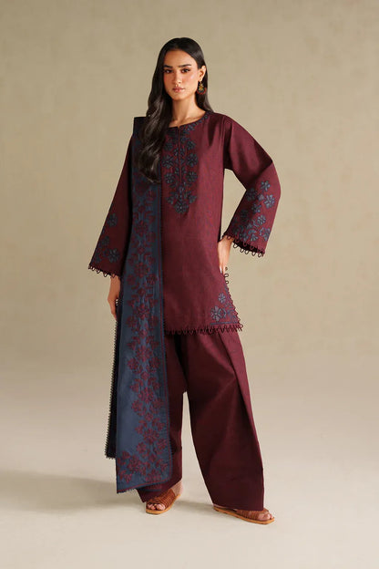 Iznik Dusty Maroon Embroidered 3PC - Unstitched