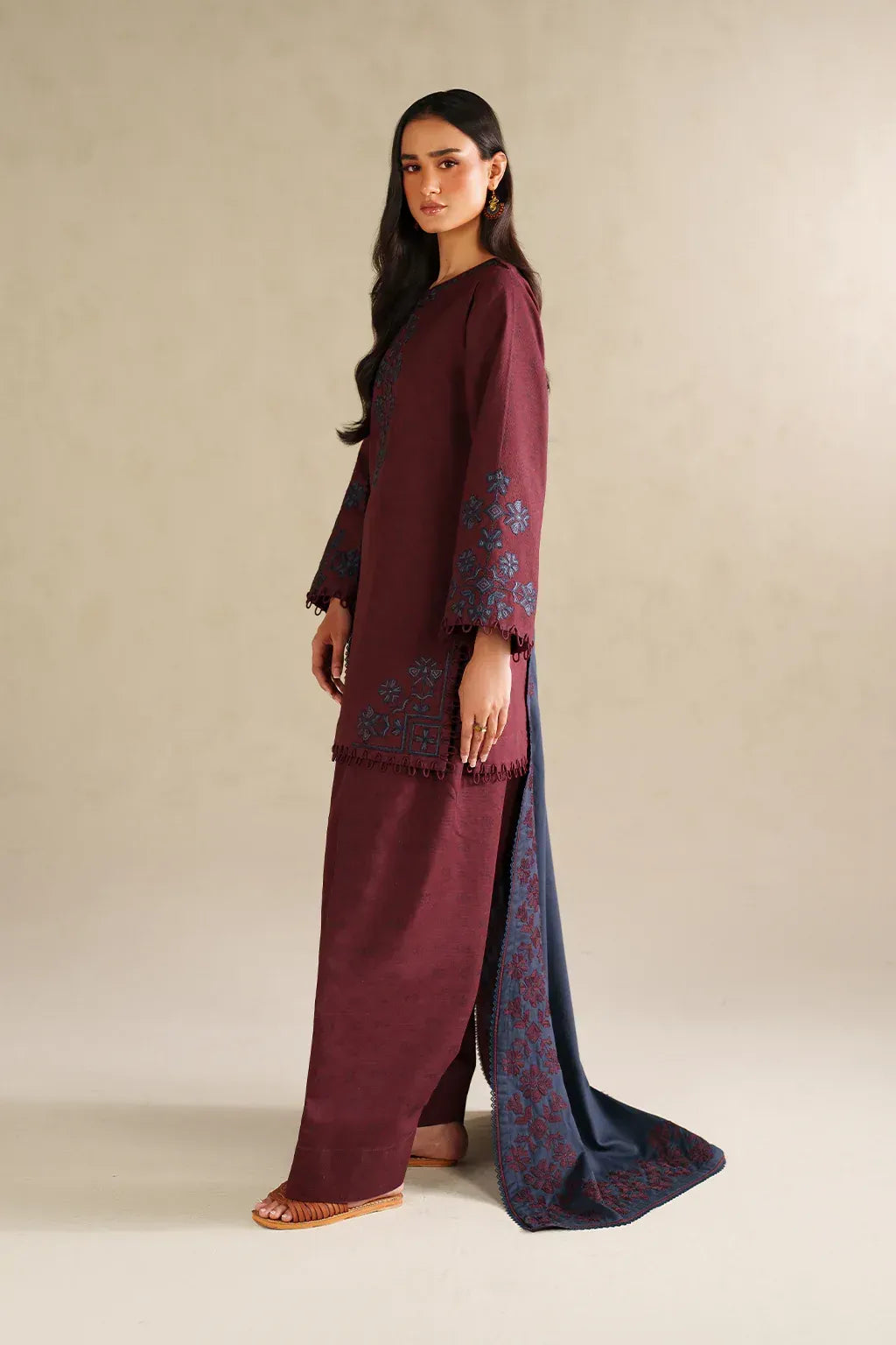 Iznik Dusty Maroon Embroidered 3PC - Unstitched